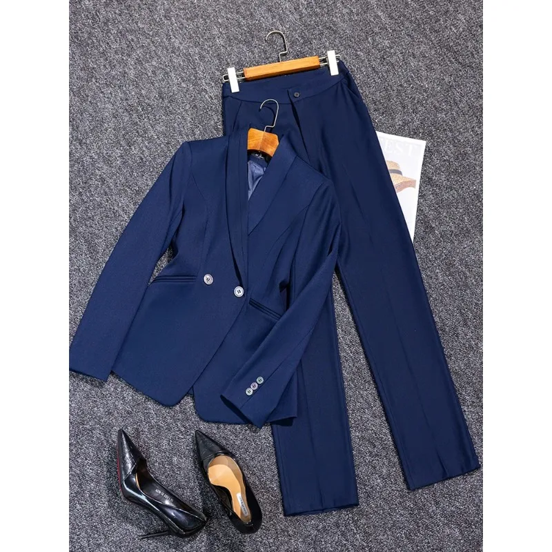 Brown Office Lady Women Pant Suit 2 Piece Set Spring Business Back Split Coat Formal Double Breasted Blazer Jacket Coat+Trousers