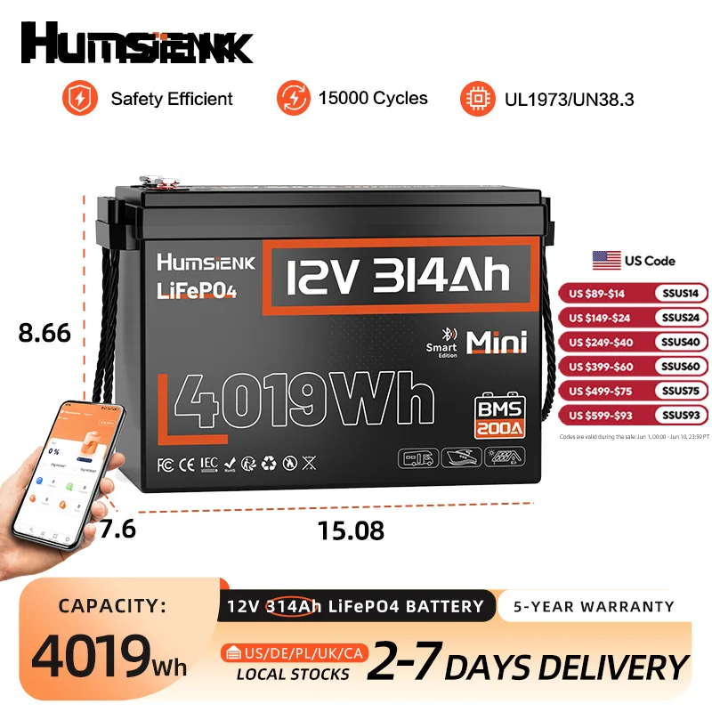 Humsienk 12V 314Ah LiFePO4 Battery, Capacity 4019Wh, Size MINI, Built-in Bluetooth & 200A BMS, 15000+ Deep Cycle, Low-Temp Protection For Fishing, Portable Power Station, Golf Cart, Boat, Marine, Off-Grid, Solar, 5-Year Warranty