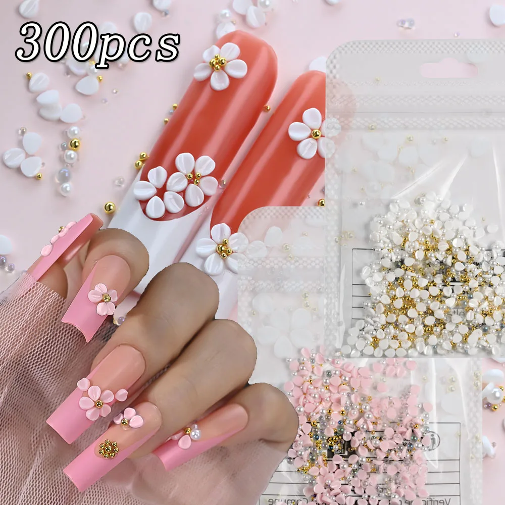

300Pcs Pink White Carving Petal Nail Charms Flower Pearl Mixed Gold Steel Ball Manicure Accessories Resin Floral Nail Decoration
