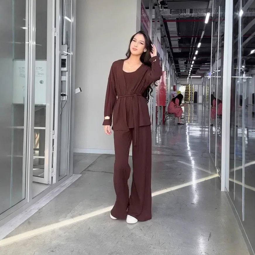 Automne nouveau décontracté col en U haut sans manches à manches longues pantalons d'extérieur trois pièces ensemble de vêtements pour femmes d'Europe et d'amérique