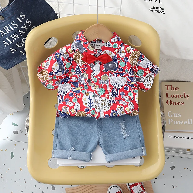 Children's Suit Summer New Boys' Bowtie Short-sleeved Floral Shirt + Casual Denim Shorts Two-piece Set