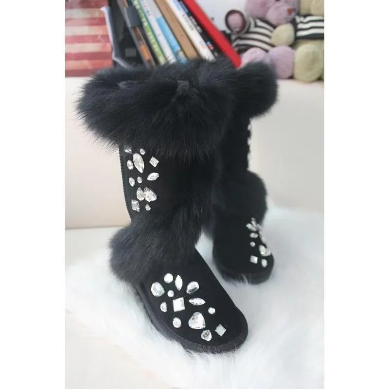 Heavy industry fox fur gemstone rhinogon fur one snow boots handmade custom platform party party women's boots 35-40