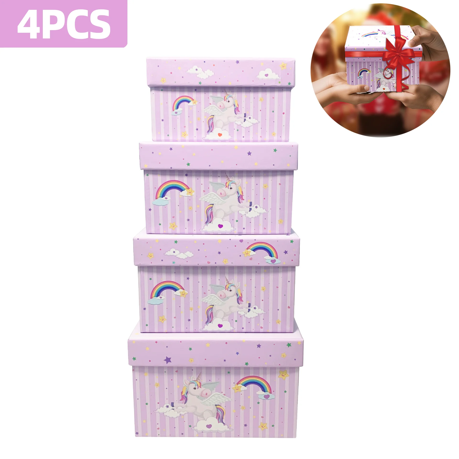 4pcs Unicorn Cardboard Box with Lid Gift Wrap Boxes Rectangle Cardboard Packing Box Wedding Christmas Party Birthday Gift Box