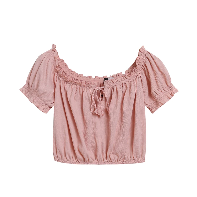 

Sweet Summer Lady's Elastic Bubble Sleeve One-Shoulder Top with Knot High Waist Slimming Effect Polyester Blend Fabric
