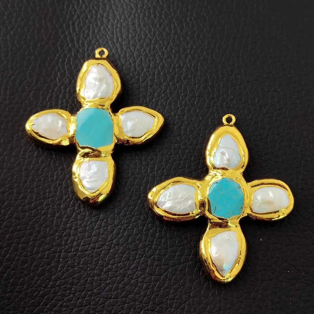 

3 Pcs Freshwater White Pearl Blue Turquoise Pendant Crucifix Charms Jewelry DIY