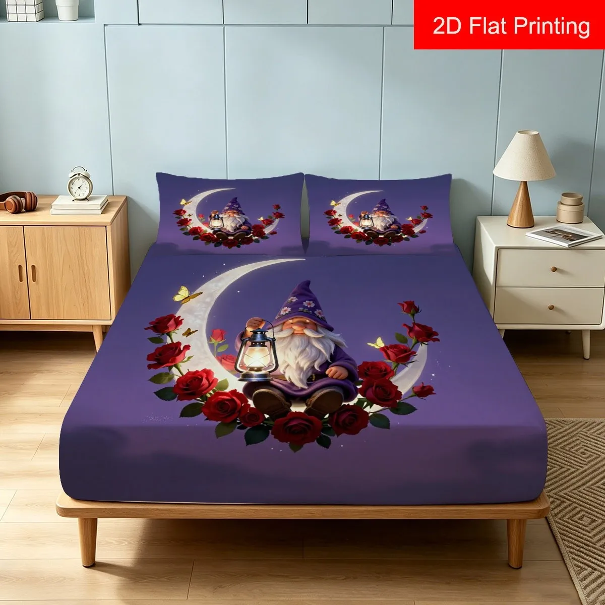 Quirky Gnome and Luminous Crescent 2D Digital Print Three-Piece Bedding Set (Includes 1 Fitted Sheet + 2 Pillowcases) 3-Piece Set, Large Capacity Deep Pocket 2D Printed Fitted Sheet and 2 Pillowcases, Mattress Protector, Fitted Elastic Style, Protective Cover, Mattress Protector, Essential for Atmosphere, Suitable for All Seasons, Machine Washable Design, Holiday Decoration, Various Sizes, Breathable Protective Cover with Pillowcase