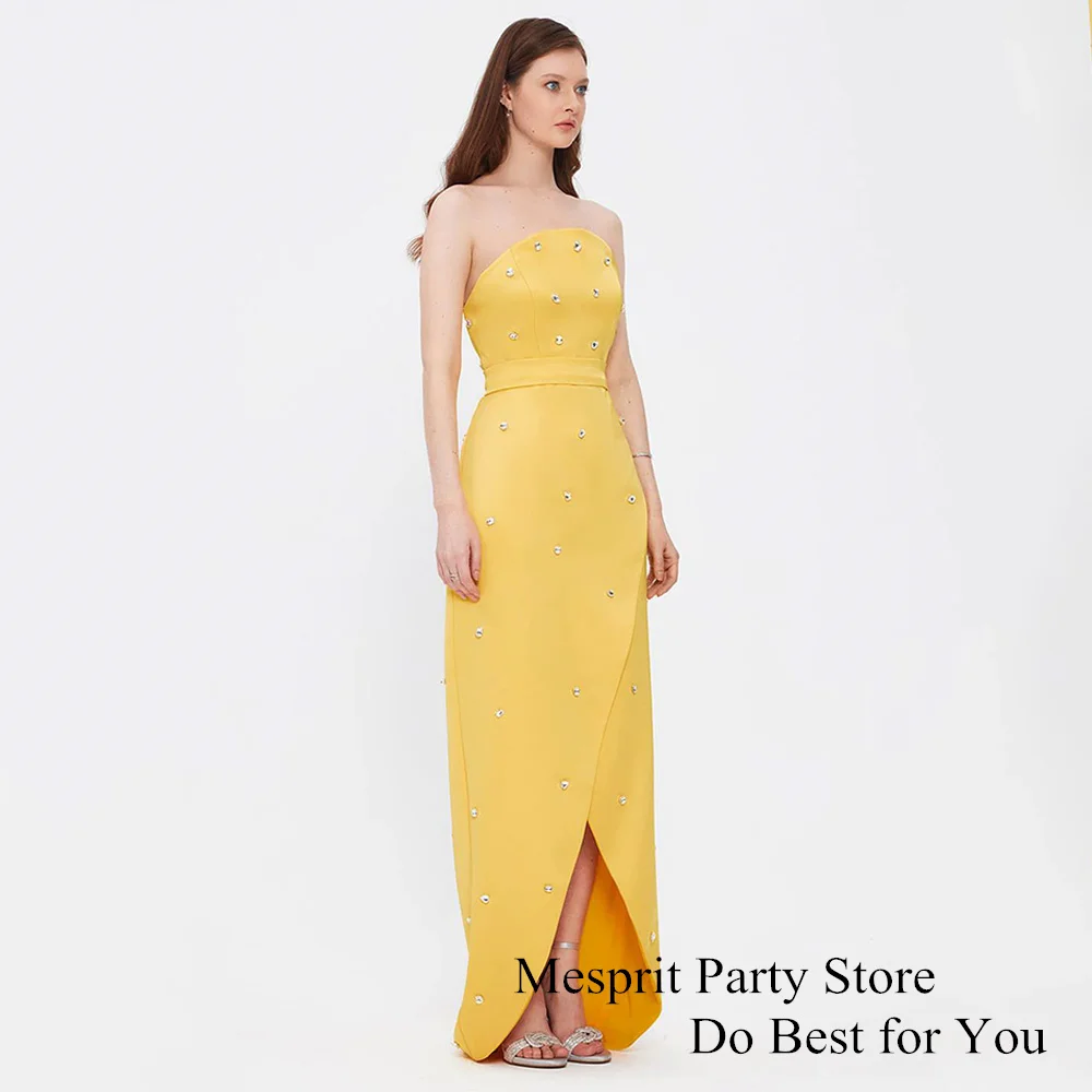 Yellow Satin Prom Dress Strapless Sleeveless Stone Crystal Floor Length Front Slit Straight Evening Gown Dubai Party Dresses