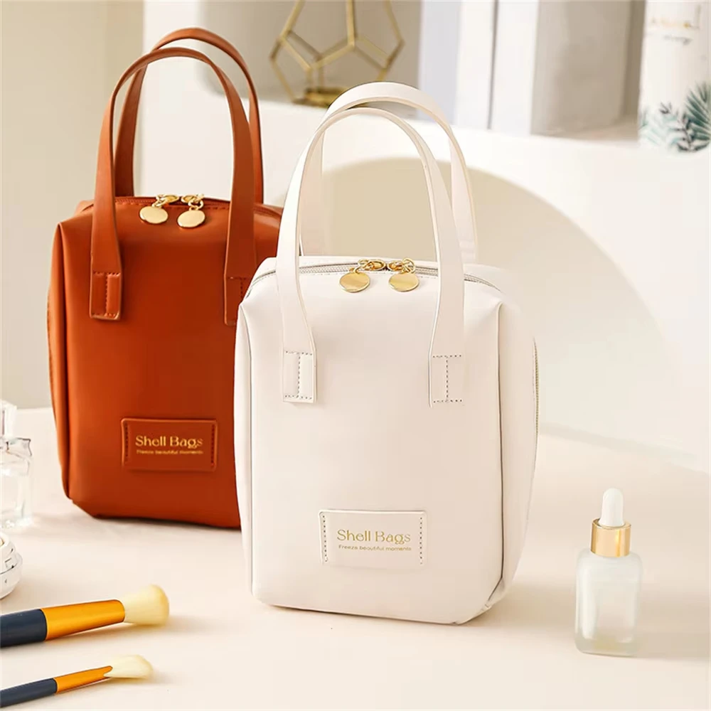 Große Kapazität Tragbare Mädchen Make-Up Tasche Mit Griff Frauen Kulturbeutel Make-Up Organizer Fall Wasserdichte PU Leder Handtasche