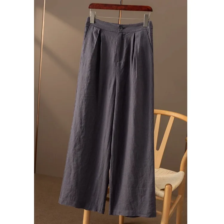 جديد القطن الكتان مرونة عالية الخصر مطوي مستقيم واسعة الساق السراويل الطويلة النساء صافي اللون السراويل الطويلة السيدات السراويل