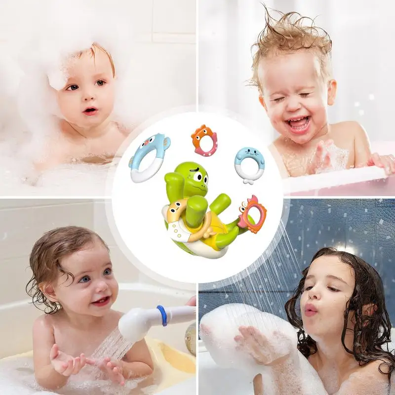 Turtle Bath Toy Electric Water Spraying Rotating Turtle Set Toy Swimming Bathtub Pool Toy Cute Swimming Turtle Toys with 5 Rings