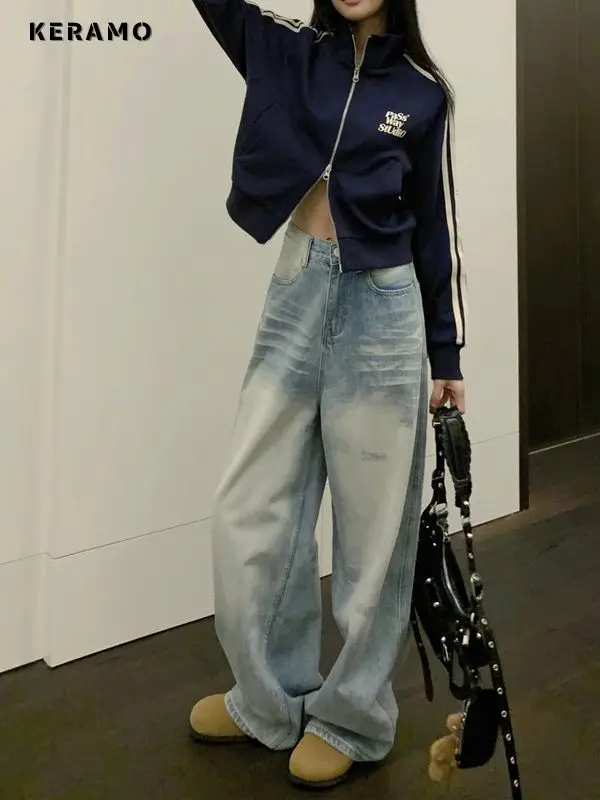 Femmes décontracté rétro Y2K 2000s lavé bleu pantalon bleu pleine longueur Baggy Emo Denim pantalon Safari Style coupe ample jean droit