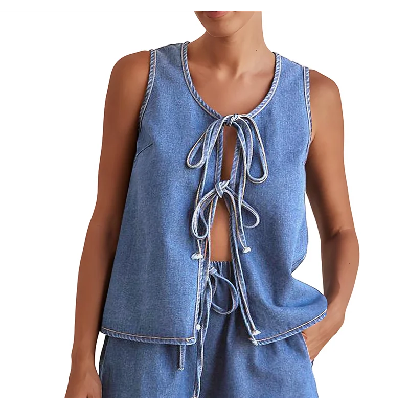 

【SEE】Women Tie Front Top 2 Piece Outfit Denim Set Sleeveless Deep V Neck Vest Jean Elastic Waist Shorts Sets