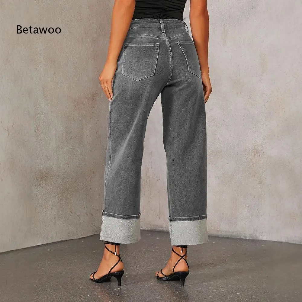 

Women's High Waist Wide Leg Denim Jeans with Contrast Cuff Hem and Loose Fit Straight Trousers for Casual Streetwear