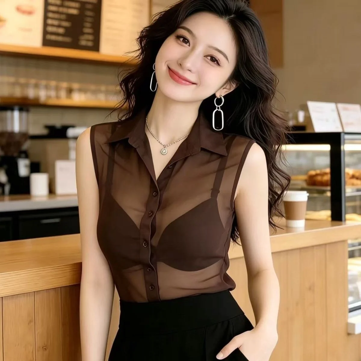 

Elegant Thin Mesh Neck Women's Shirt Sleeveless Transparent Outerwear Slimming Top for Casual Wear Daily Use