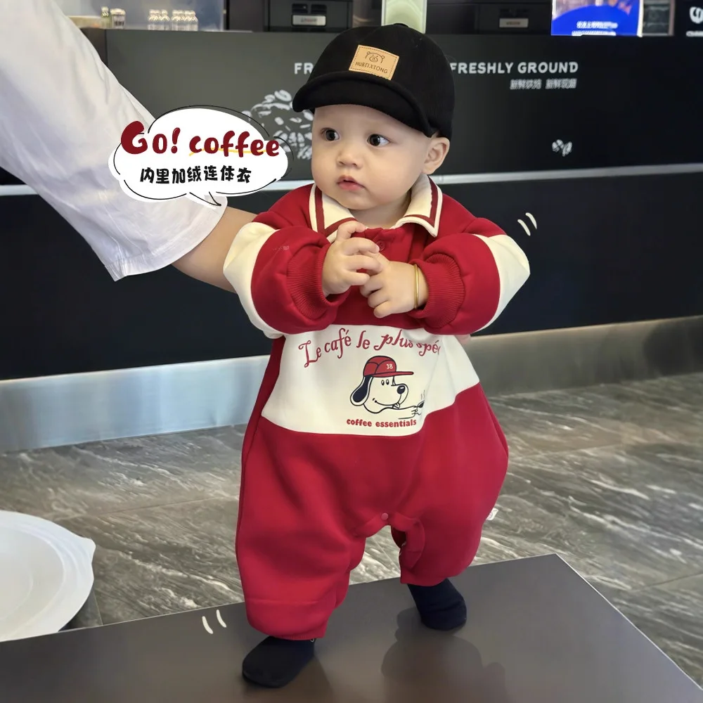 

Детский комбинезон с цветными блоками, новинка 2025 года, зимний детский комбинезон в западном стиле, корейская версия, бархатный костюм для ползания с героями мультфильмов, одежда для новорожденных