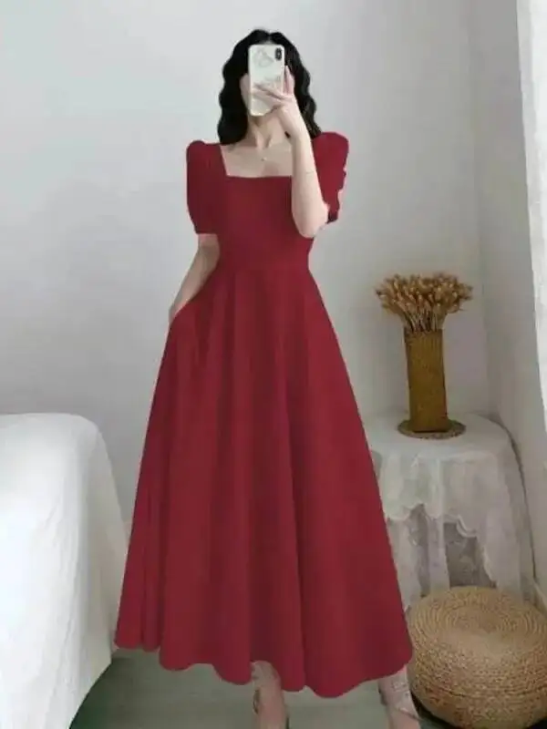 슬림핏 여성 화이트 드레스 버블 슬리브 스퀘어 넥 라이트 윈드 스타일 롱 스커트 여름 캐주얼 한국 스타일 FPXO