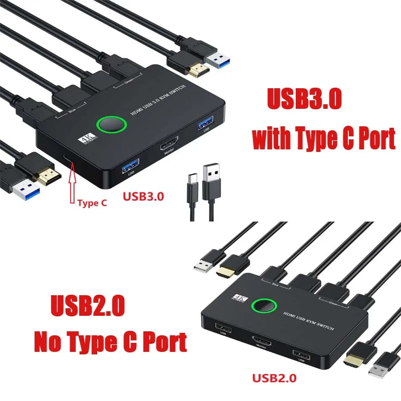 

USB KVM Switch USB3.0 2.0 Selector HDMI-Compatible 2 Port Sharing 2 Devices for Monitor Keyboard Mouse Cable Splitter