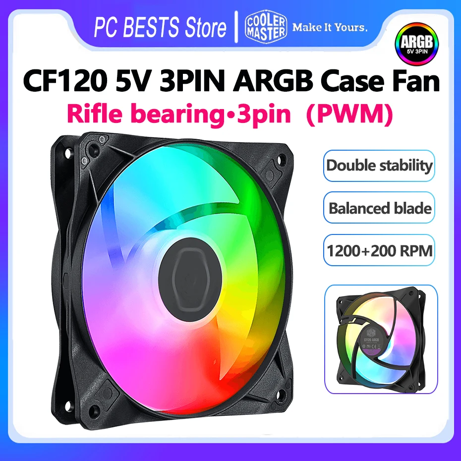 Cooler Master CF120 ARGB Case Fan 5V 3PIN PWM Rifle Bearing 120mm Quiet Black Addressable RGB CPU Cooling Fan