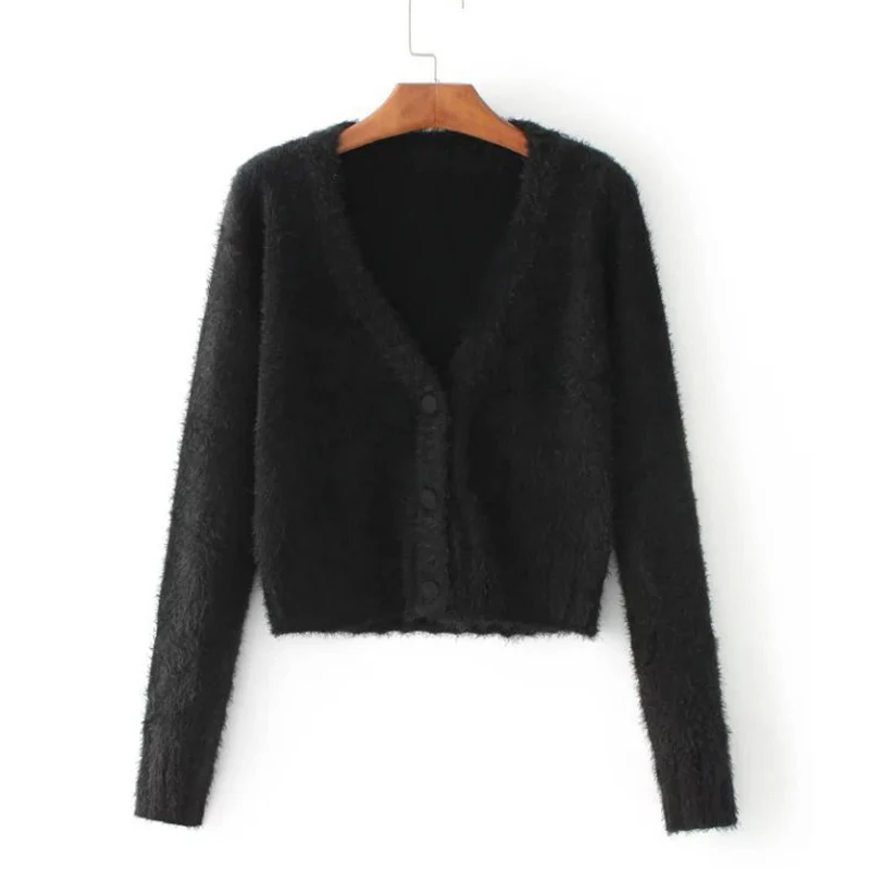 Spring New Cropped Cardigans Sweaters Woman Autumn Crop Tops Fluffy Long Sleeve V Neck Cardigan Womens White Black Soft Knitwear
