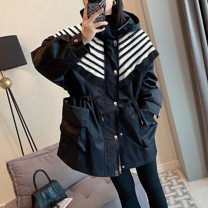 Streak Mid-length Coat Female Western Style Waist in Flounce Jacket Spring and Autumn New Fashion Hooded Loose coat