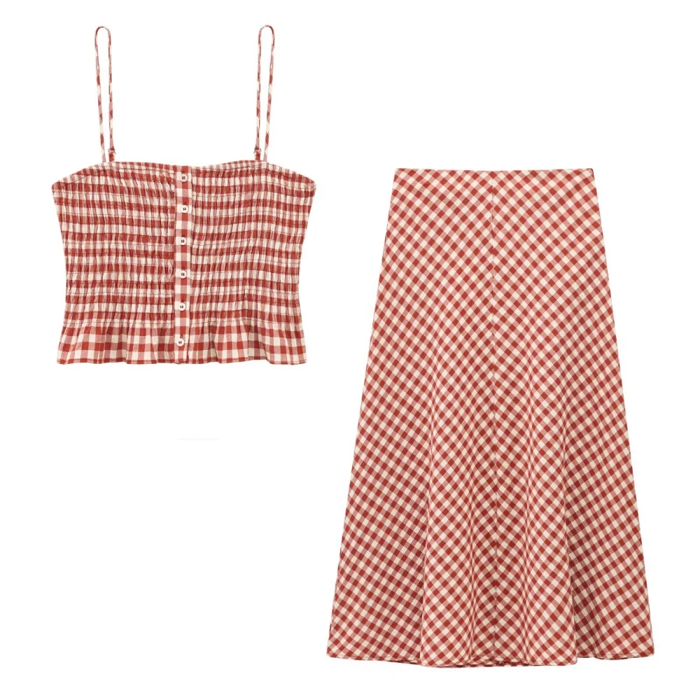 Stylish 2025 PB&ZA Women's Set with Red Gingham Pattern Spaghetti - Strap Crop Top and Midi - length Button - down Skirt