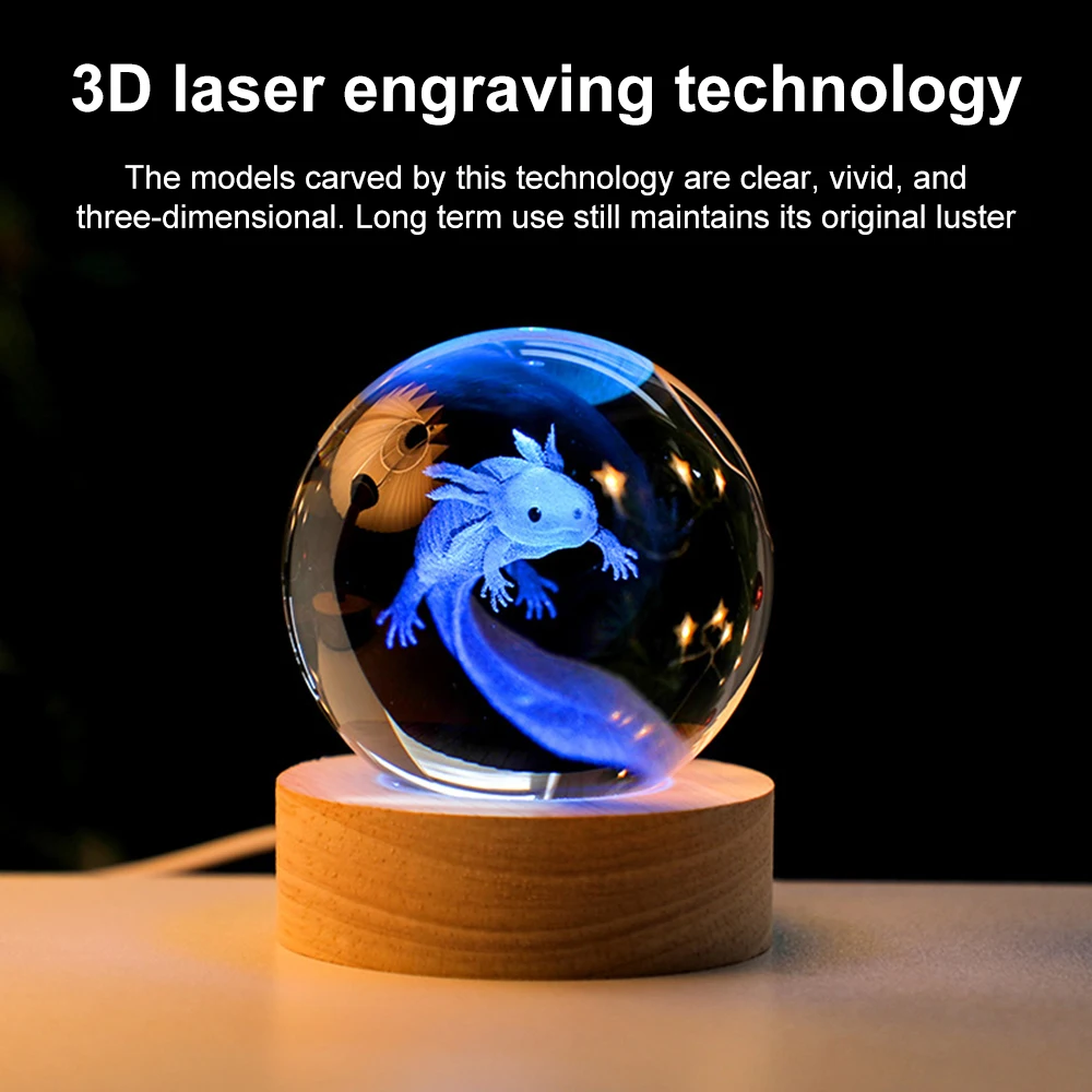 3D Axolotl Laser Engraved Crystal Ball Lamp USB Rechargeable Colorful Night Lamp Home Decorations Night Light for Birthday Gifts