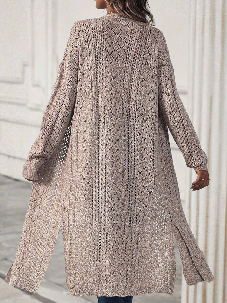 Women's Beige Long Knit Cardigan Open Front Hollow Out Long Sleeve Duster Sweater