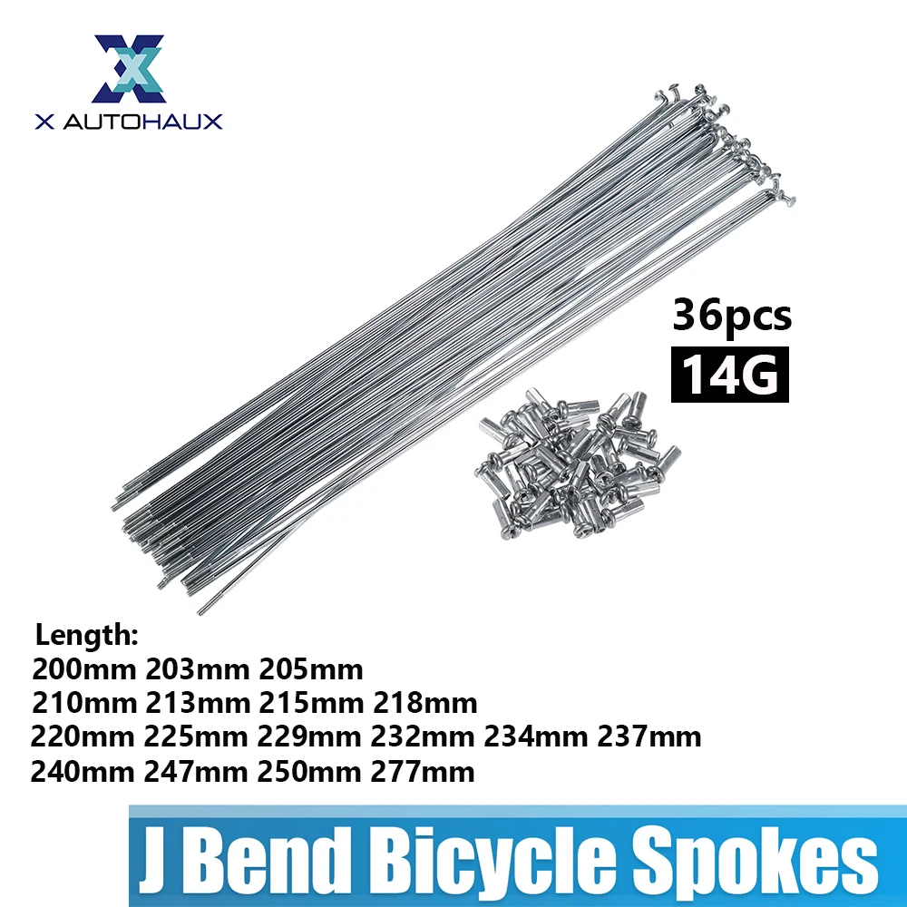 

X autohaux 36pcs 14G J Bend Bicycle Steel Spokes 200mm 203mm 205mm 210mm 213mm 215mm 220mm 225mm Cycle Spokes with Brass Nipples