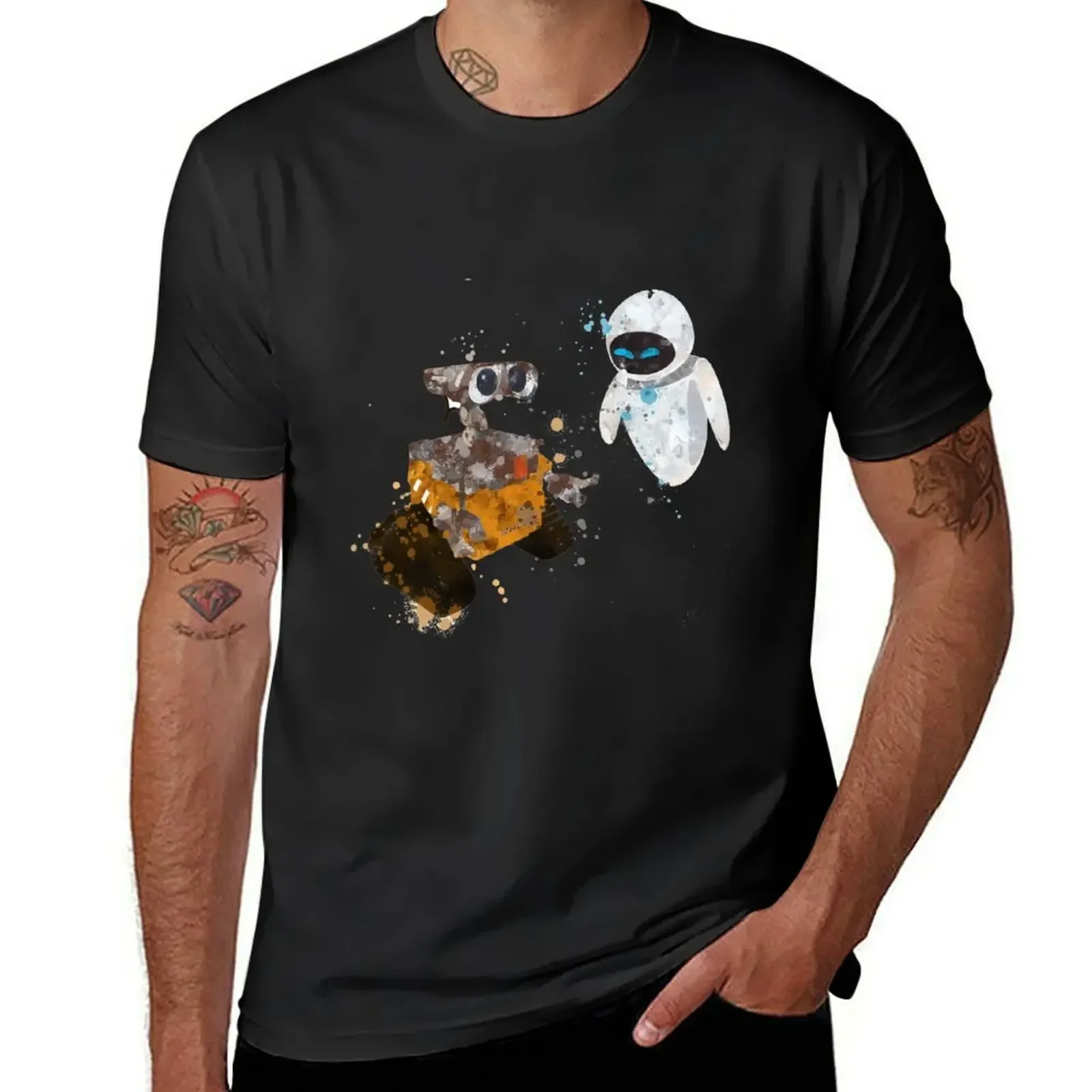 

WALL E and EVE Robots Watercolor Graphic Tee Breathable Cotton T-Shirt Short Sleeve for Men