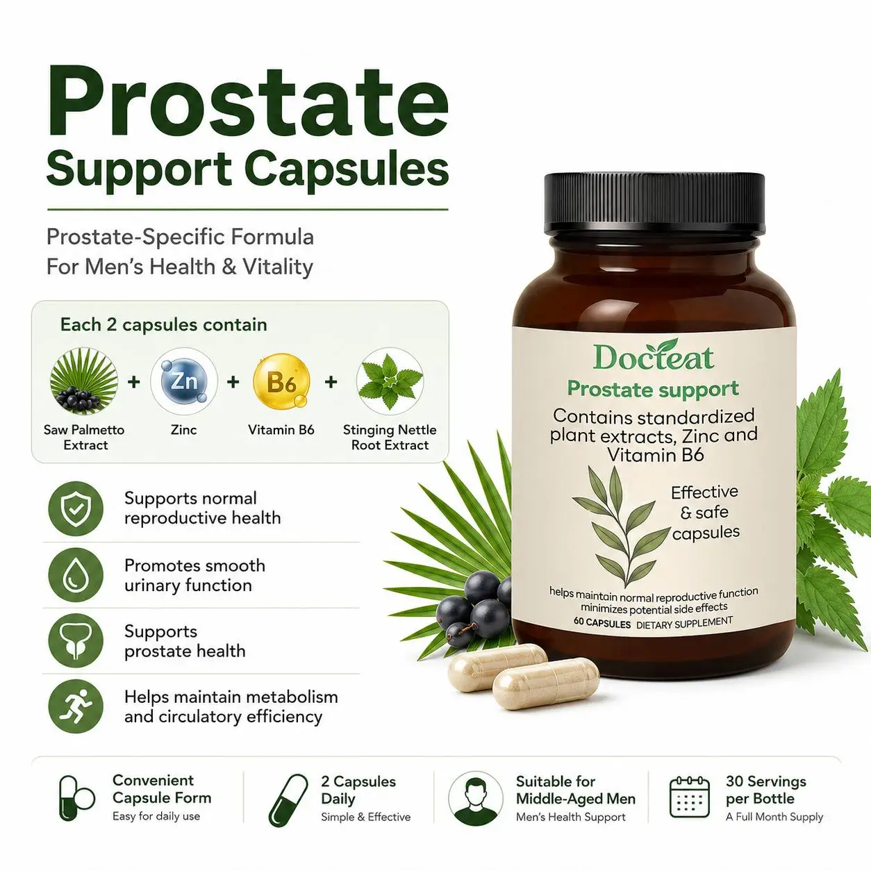 Docteat Prostate Support Capsules with Saw Palmetto Extract, Zinc and Vitamin B6, Promotes Smooth Urinary Function, 60 Capsules
