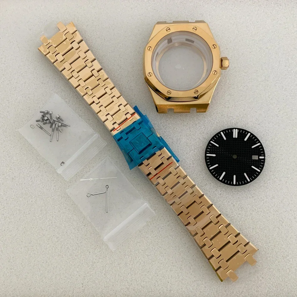 Automatic Accessories Complete Set of PVD Plated Gold 41mm Case Sapphire Mirror Stainless Steel Strap for NH35/36/4R/36 Movement