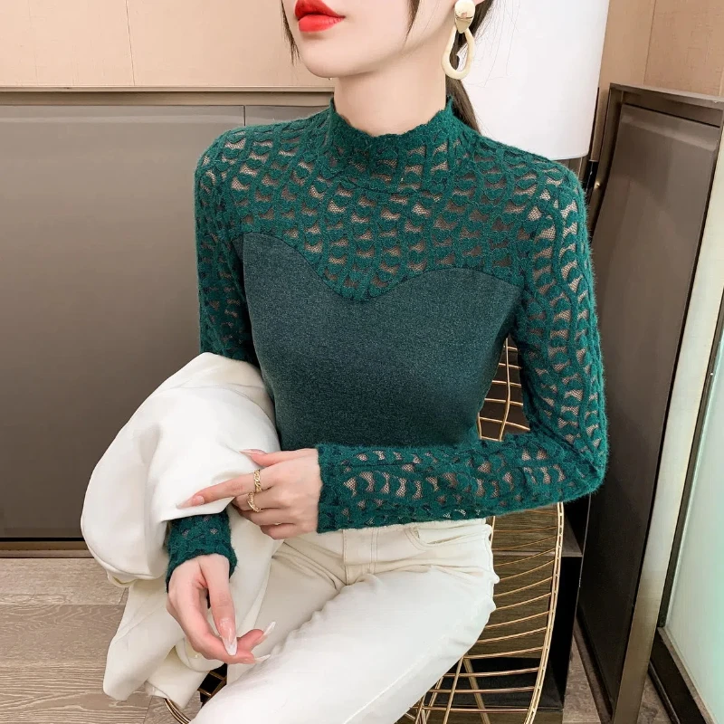 Korean Fashion Autumn Winter Women\'s Mock Neck Solid Lace Hollow Warm Elegant Long Sleeve Loose Pullovers Bottoming Shirt Tops