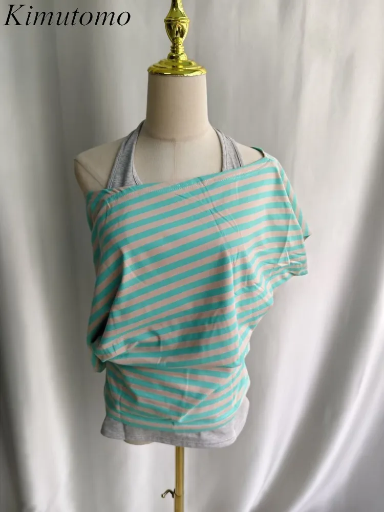 Kimutomo Women T Shirts Striped Printed Patchwork Off Shoulder Y2k Aesthetic Harajuku Tops Vintage Grunge Gothic Tee Shirt view 3
