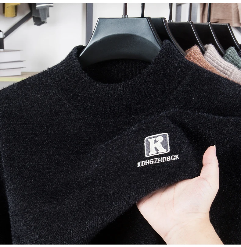 

Мужской свитер с полувысоким воротником, зимний очень толстый цельный флисовый свитер с теплым вязаным основанием