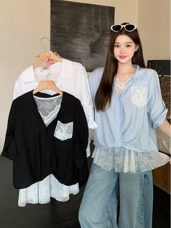 

Летний комплект 2026: Корейский стиль, свободный крой, рубашка с длинным рукавом для защиты от солнца, кружевной топ для многослойного ношения, утягивающий комплект из двух предметов, дышащий, приятный к коже.