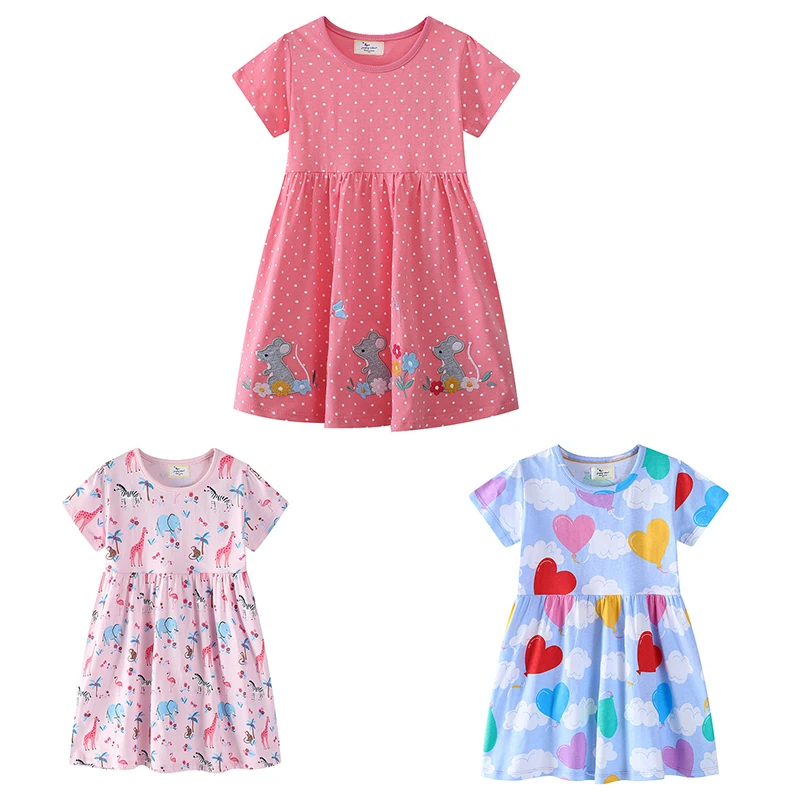 Jumping Meters New Arrival Short Sleeve Girls Dresses Summer Animal Applique Hot Selling Princess Toddler Kids Clothes Dress