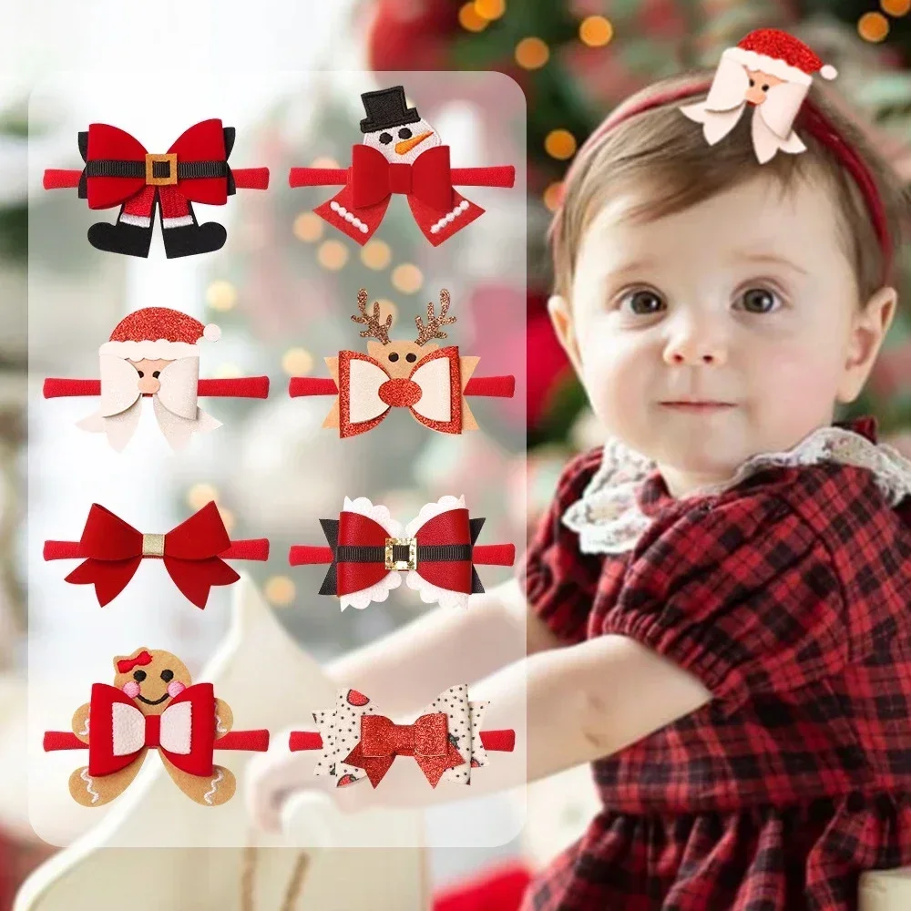 New 1PCS Elastic Red Nylon Baby Girls Cartoon Headband Bows Christmas Holiday Hair Accessories for Kids Toys Photography Props