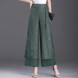 Fashion Elastic Vintage Floral Lace Up Fake Two Pieces Pants Women's Clothing 2024 Summer New Loose Office Lady High Waist Pants