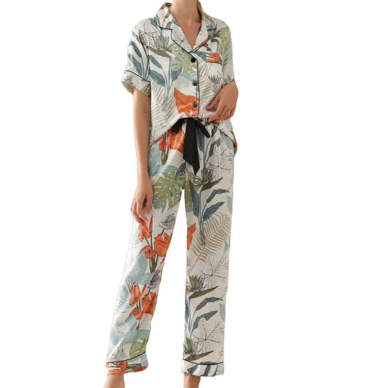 

Turn-down Collar Pajamas Leaf Print Sleepwear Silk Imitation Nightgown Short Sleeve Long Trousers Two-piece Set Women's Clothes