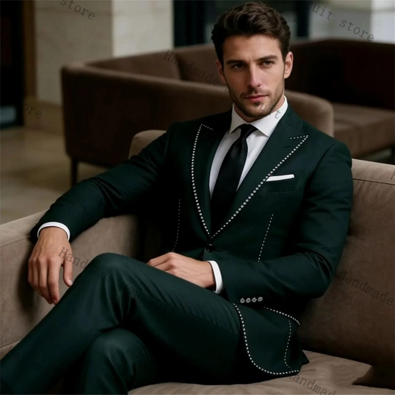 

Green Men Suit Set 2 Piece Blazer+Cotton Pants Spring Prom Wedding Tuxedos Coat Customized Formal Office Fashion Jacket