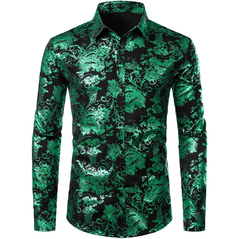 Camisa de vestido floral dourada masculina, estampa 3D completa, manga longa, camisa de botão para festa, vestido casual, tops luxuosos, blusa