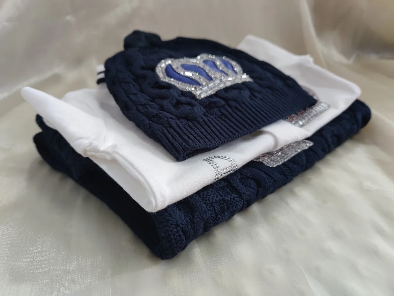 Pelele de ganchillo para bebé recién nacido, conjunto de gorro de punto azul real con corona ostentosa, caja de regalo de Navidad, invierno, 2023