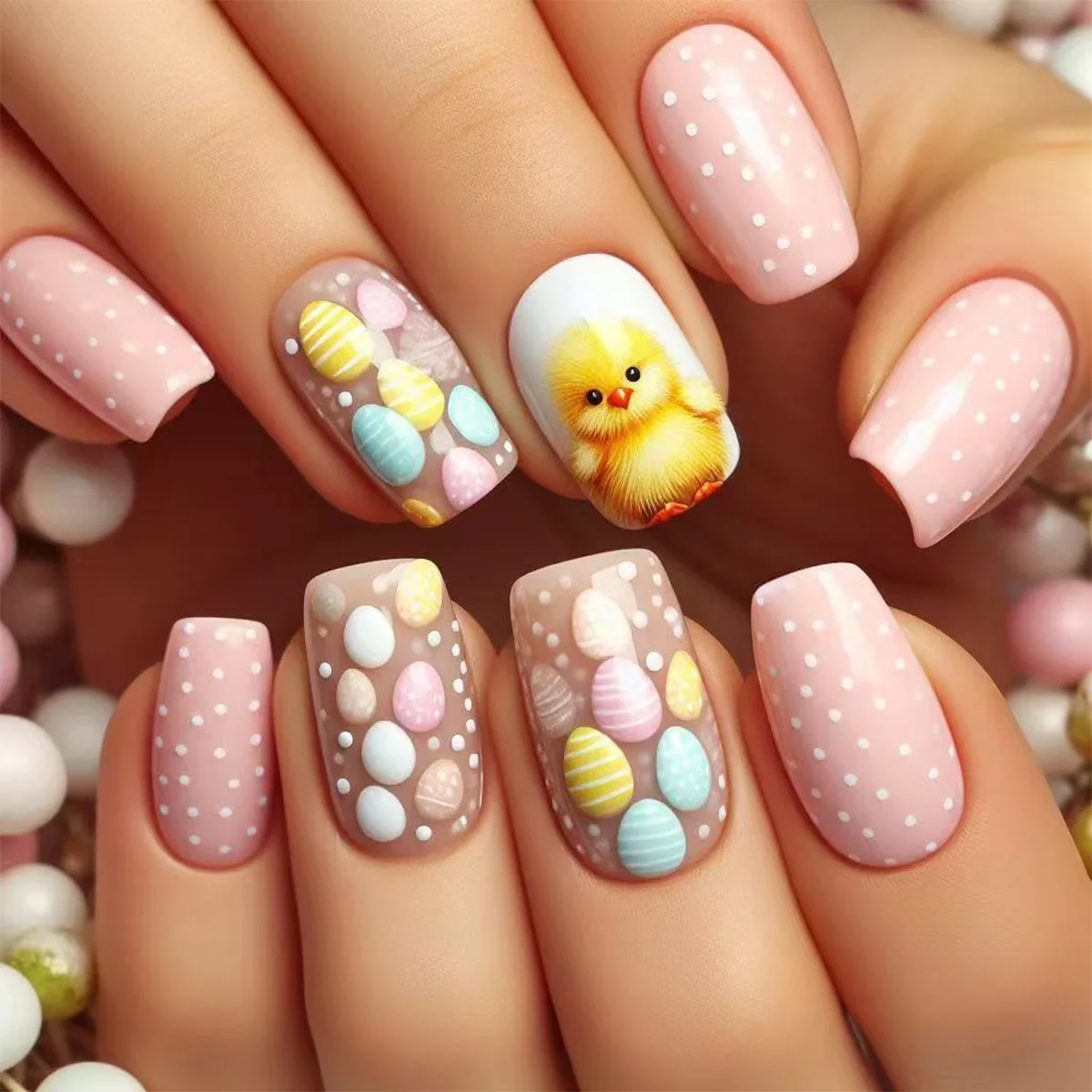 24pcs Easter False Nails Cute Rabbit Easter Egg Cloud Pattern Design Press on Nails for Women Girl Short Square Fake Nail Tips