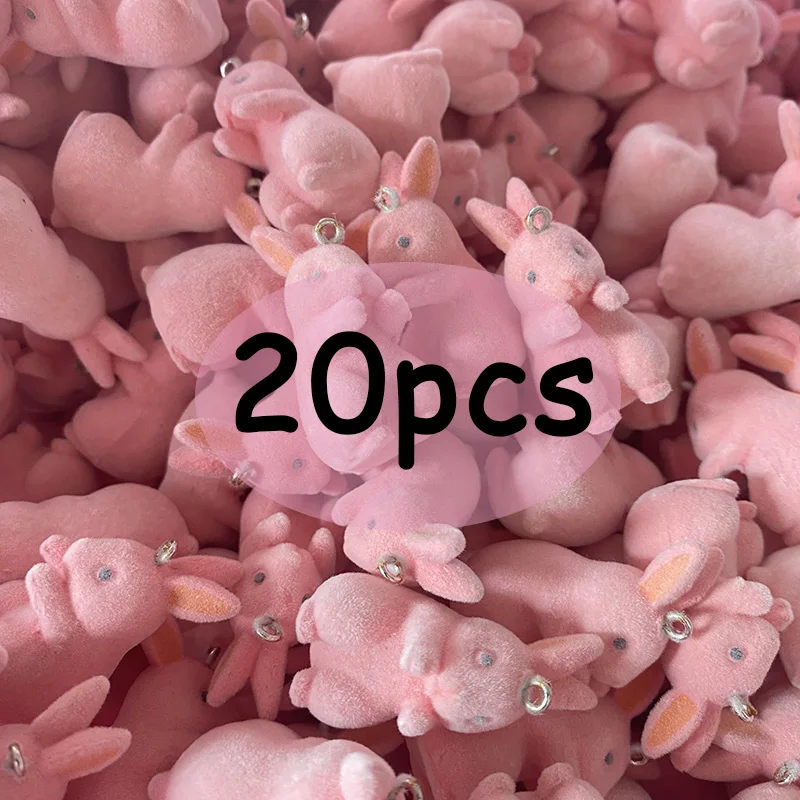 20pcs/Pack Flocked Miniature Rabbit Resin Charms Bulk Wholesale Cute Animal Pendant For Keychains Necklace Winter Jewelry DIY