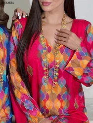 Siskakia Muslim Printing Hot Drill V-Neck Abayas For Woman Moroccan Dubai Turkish Elegant Loose Kebaya Fashion Long Dresses 2024