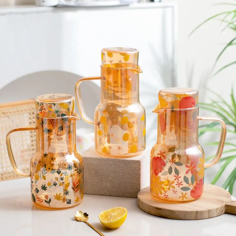 

Стеклянный цветочный холодный чайник большой емкости, кухонный чайник для лимонного напитка, сока, молока, напитка, высокая термостойкость, домашний чайник