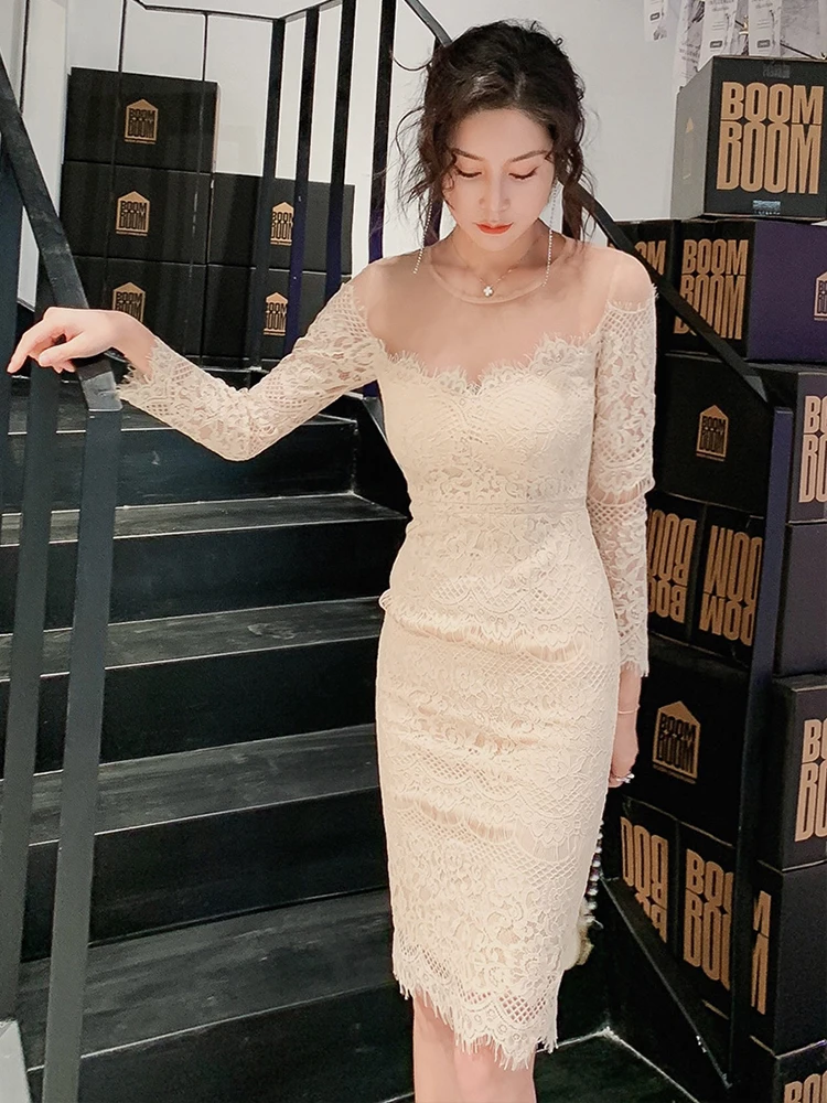 

Fashion women comfortable elegant lace perspective formal dress new arrival high quality sexy vintage classical pencil dress