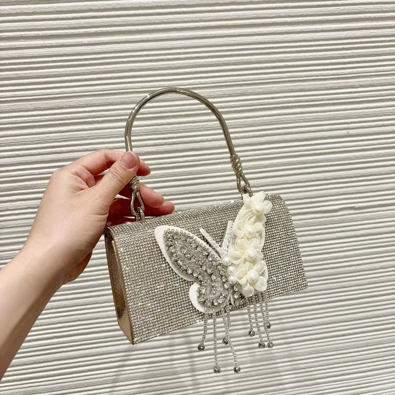 Shiny Individuality Rhinestones Bag Fashion Butterfly Appliques Crystal Handbag Pearl Tassel Cute Wedding Evening Women's Bag