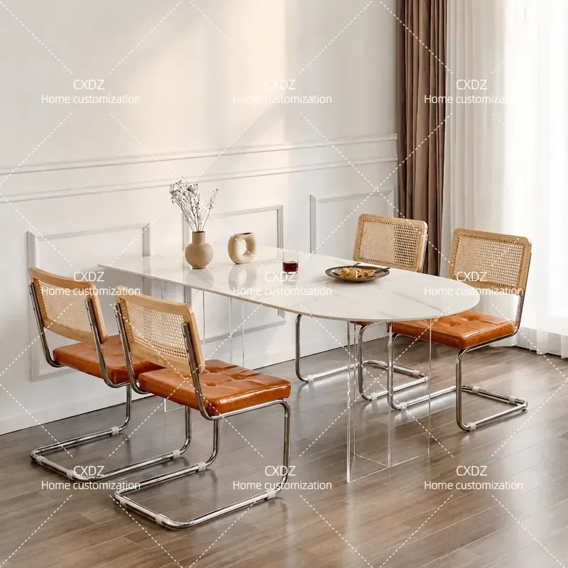 Cream Style Rock Slab Dining Table Floating Acrylic Table Chair Set Oval Semicircular Island Table Small Apartment