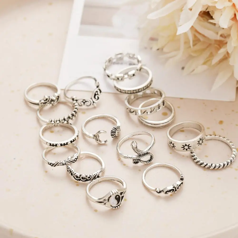 Vintage Ring Set 15-piece Women's Ring Set Retro Sun Snake Flower Shapes Adjustable Open Rings for Prom Party Daily Wear Stylish